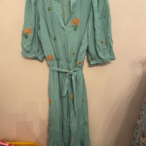 Chic Teal Floral Embroidered Long Sleeve Dress